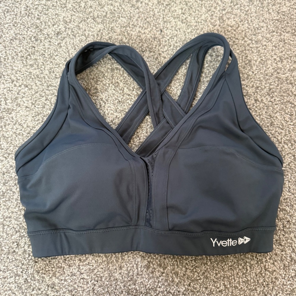 Yvette High Impact Crisscross Sports Bra Charcoal Gray Size 8 D-F Hook & Eye